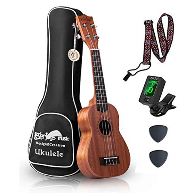 Kit de Ukulele Soprano em mogno - Profissional de 21 polegadas com afinador de estojo Aquila Strings EVUKP